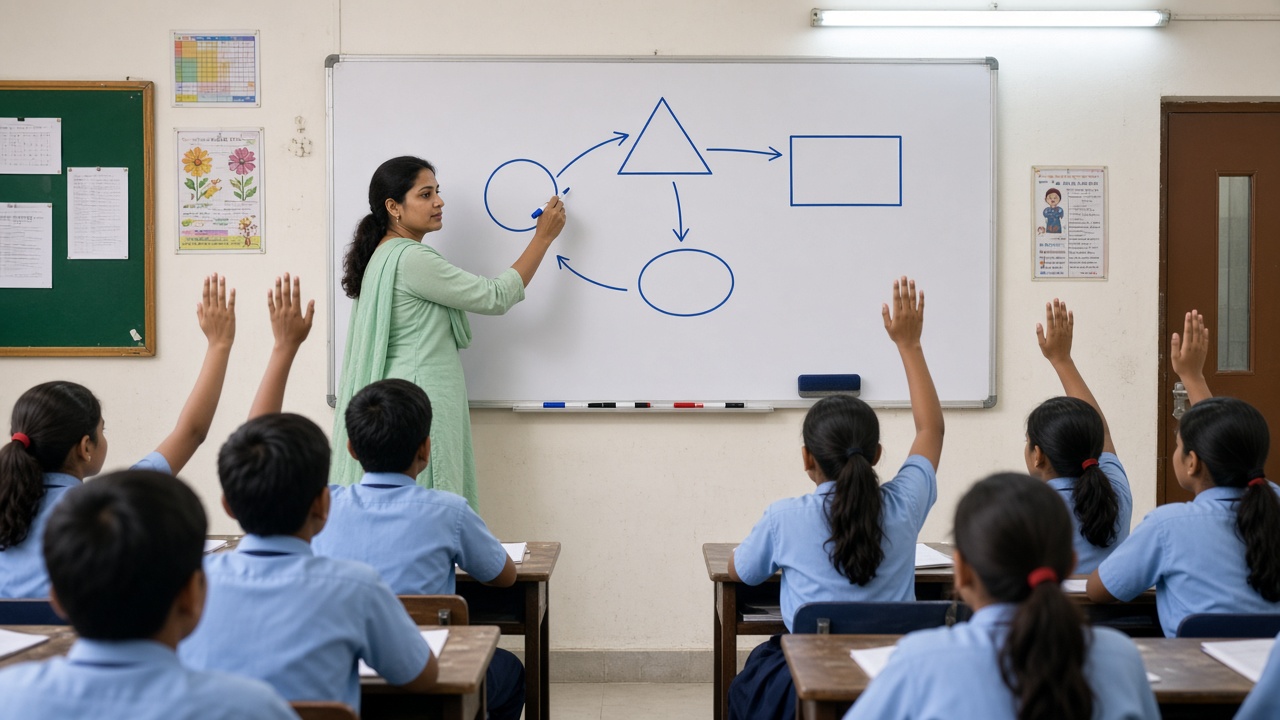 Indian teacher drawing shapes with a blue marker on a white marker board while students raise their hands