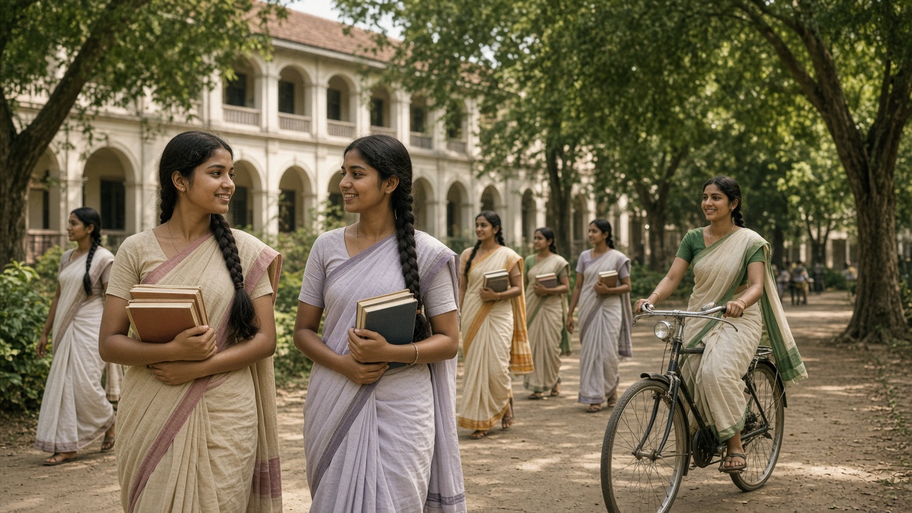 Young Indian women students in cotton sarees with books walking and cycling on a tree-lined college campus in the 1960s