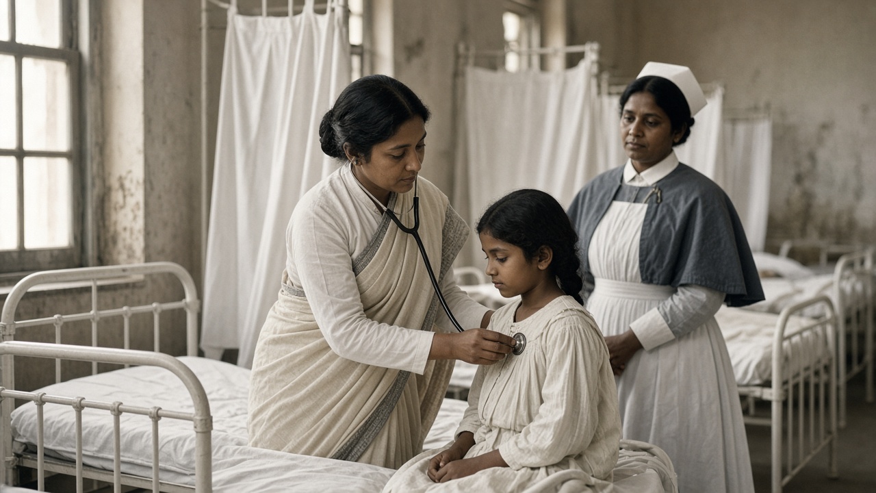 Indian woman doctor in a saree examining a young girl with a stethoscope in a colonial-era hospital ward as a nurse watches