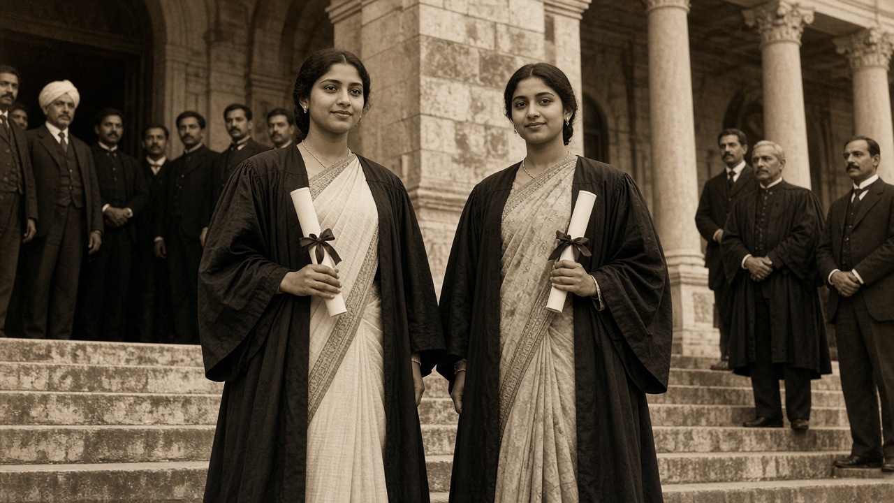 Sepia-toned scene of two young Indian women in sarees and academic gowns holding degree scrolls on the steps of a colonial university