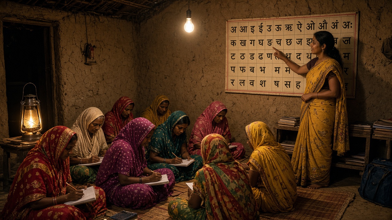 Village women in colourful sarees writing on slates and notebooks in an evening literacy class while a volunteer points to a Hindi alphabet chart