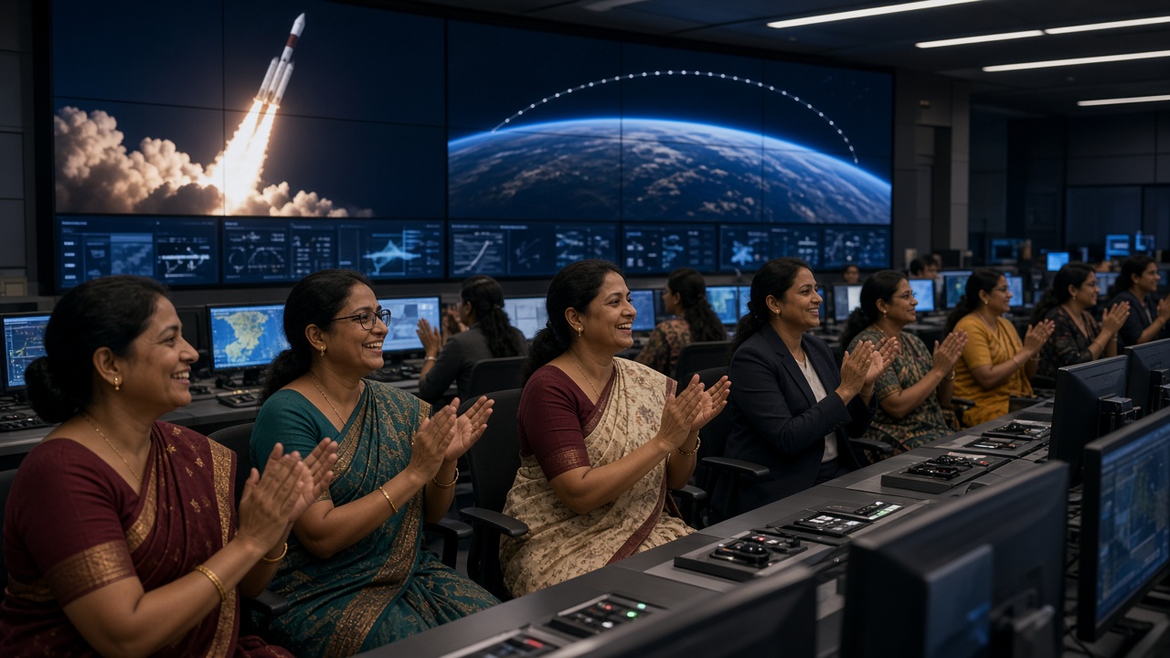 Indian women scientists in sarees clapping and celebrating a successful rocket launch in a space mission control room