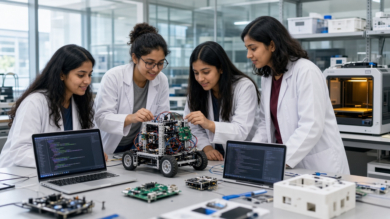 Young Indian women students in lab coats assembling and programming a robot with laptops and a 3D printer in a modern engineering lab