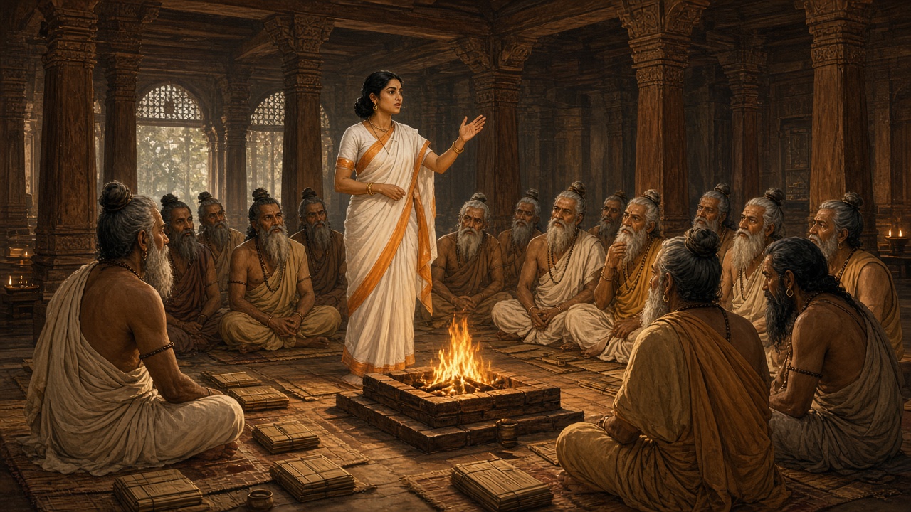 Woman scholar in white and saffron garments debating before a gathering of sages around a fire altar in an ancient pillared hall