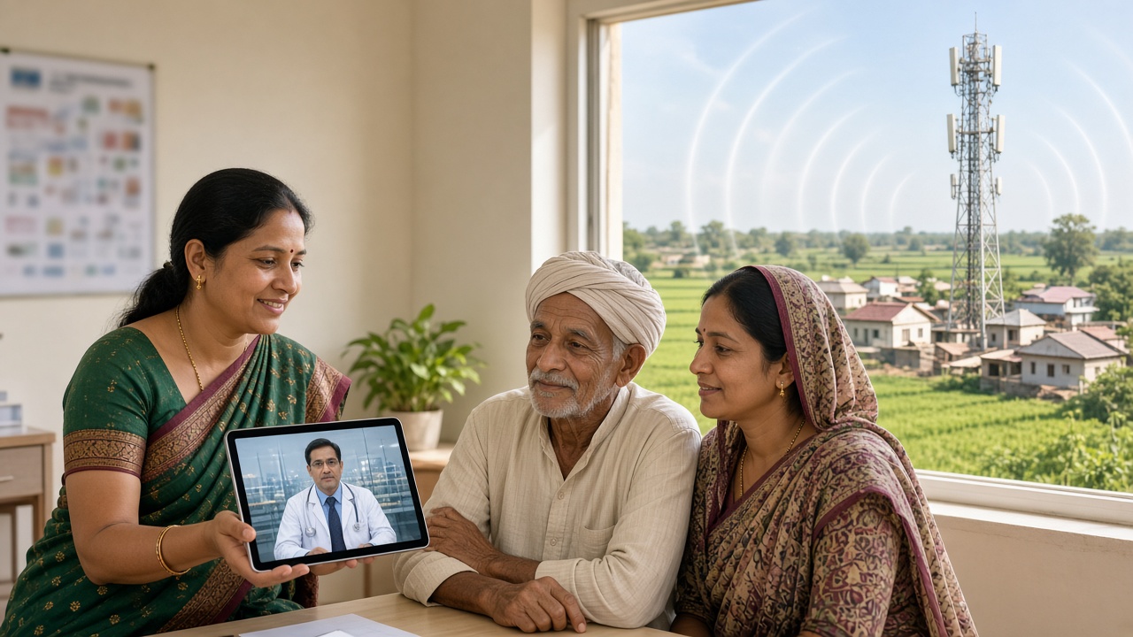 Rural Indian health worker in a sari showing a tablet video call with a city doctor to an elderly man and his daughter, with a mobile tower above green fields outside the window
