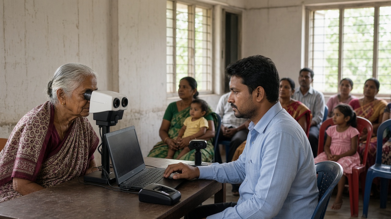 Elderly Indian woman in a sari looking into an iris scanner at an identity enrolment camp while an operator works at a laptop with a fingerprint scanner and families wait behind