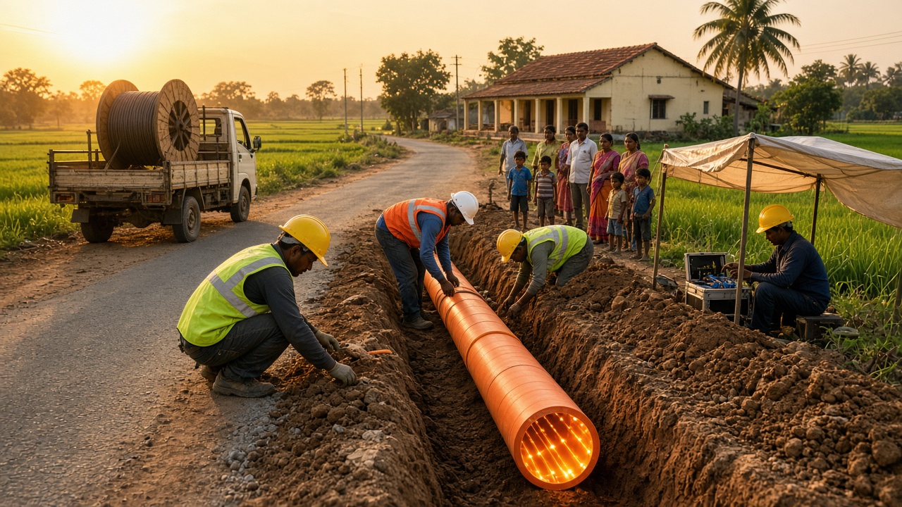 Workers in helmets laying bright orange optical fibre ducts into a trench along a rural Indian road towards a village panchayat building, with a cable drum truck and villagers watching at sunset