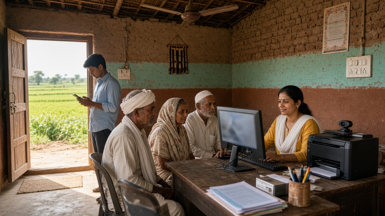 Young Indian woman operator at a desktop computer in a rural service centre helping a farmer and an elderly couple apply for services online, with green fields visible through the door