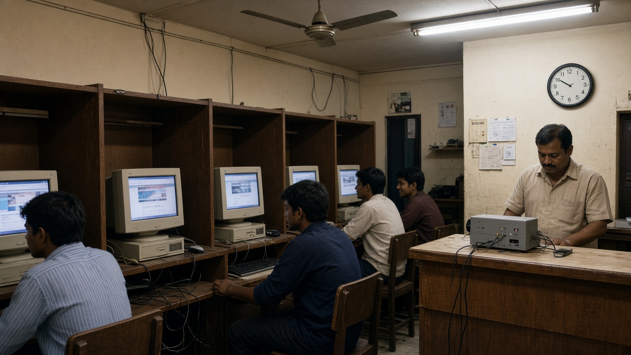Late-1990s Indian cyber cafe with beige CRT monitors in wooden cubicles, students browsing, and an owner at a counter with a dial-up modem under a ceiling fan
