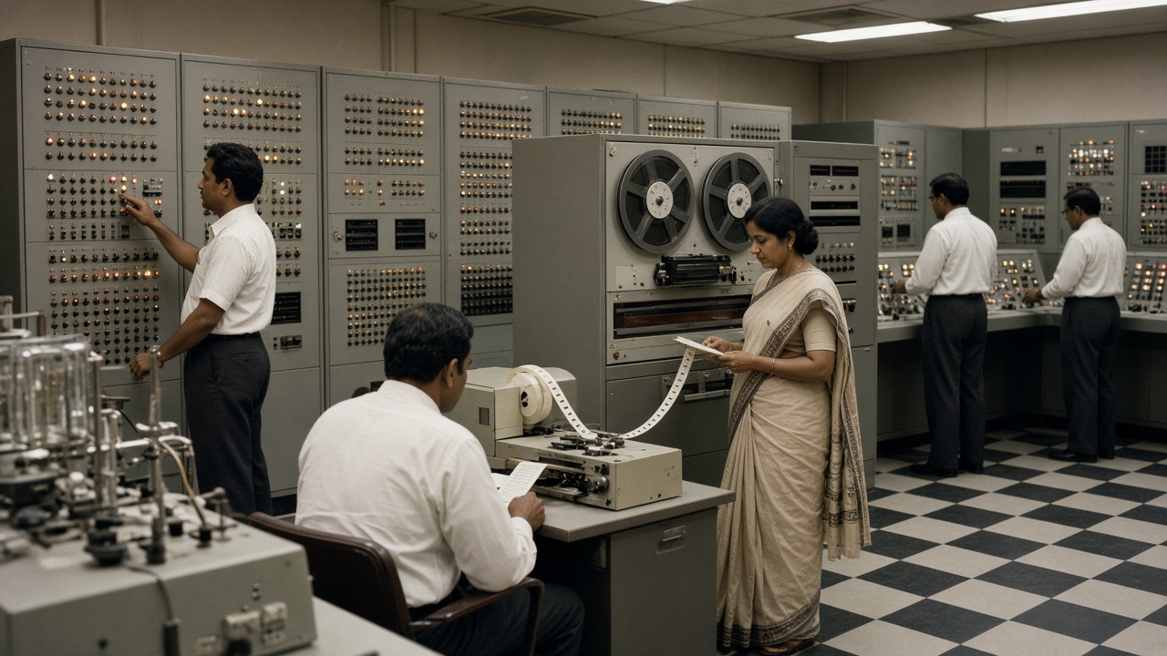 1960s Indian research laboratory with scientists in white shirts and a woman in a sari working at a room-sized mainframe computer with blinking panels, tape drives, and punched paper tape