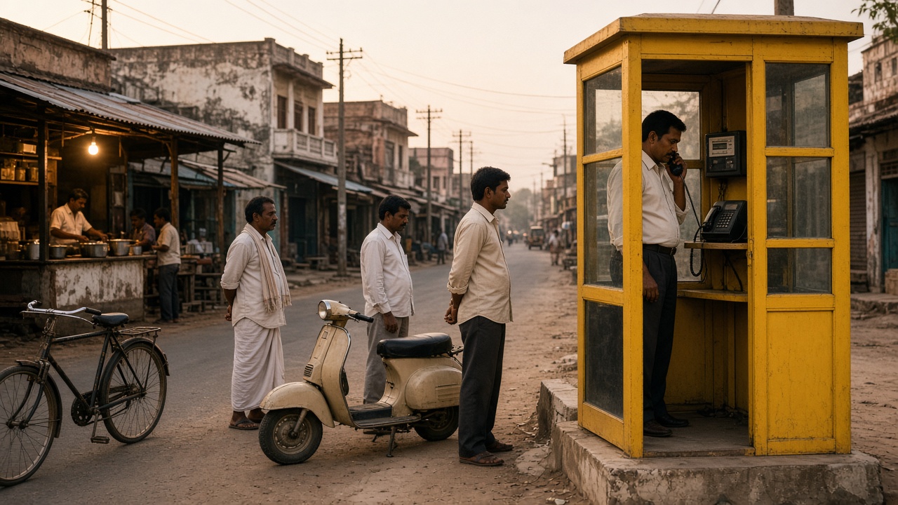 Early 1990s small-town Indian street with a yellow public telephone booth where a man makes a long-distance call while others wait beside a scooter, a bicycle, and a tea stall