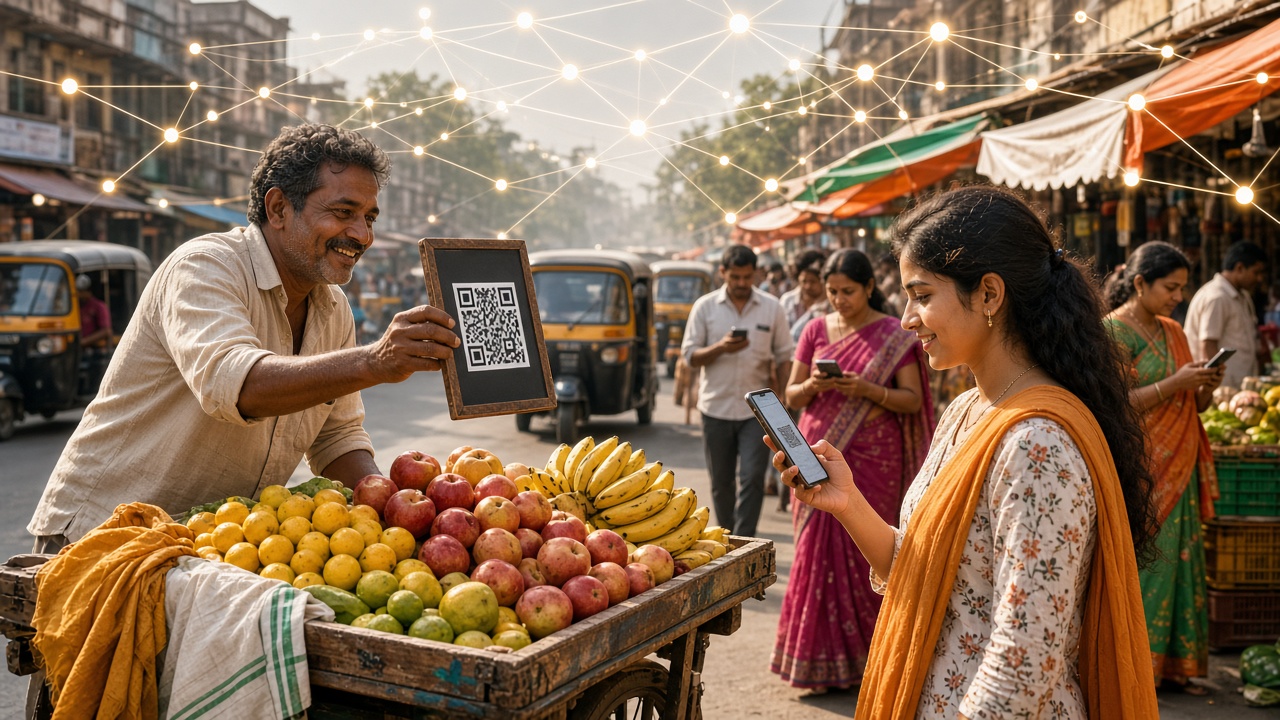 Fruit vendor in a busy Indian market holding up a QR code stand while a young woman scans it with her smartphone to pay, with glowing network lines above the street