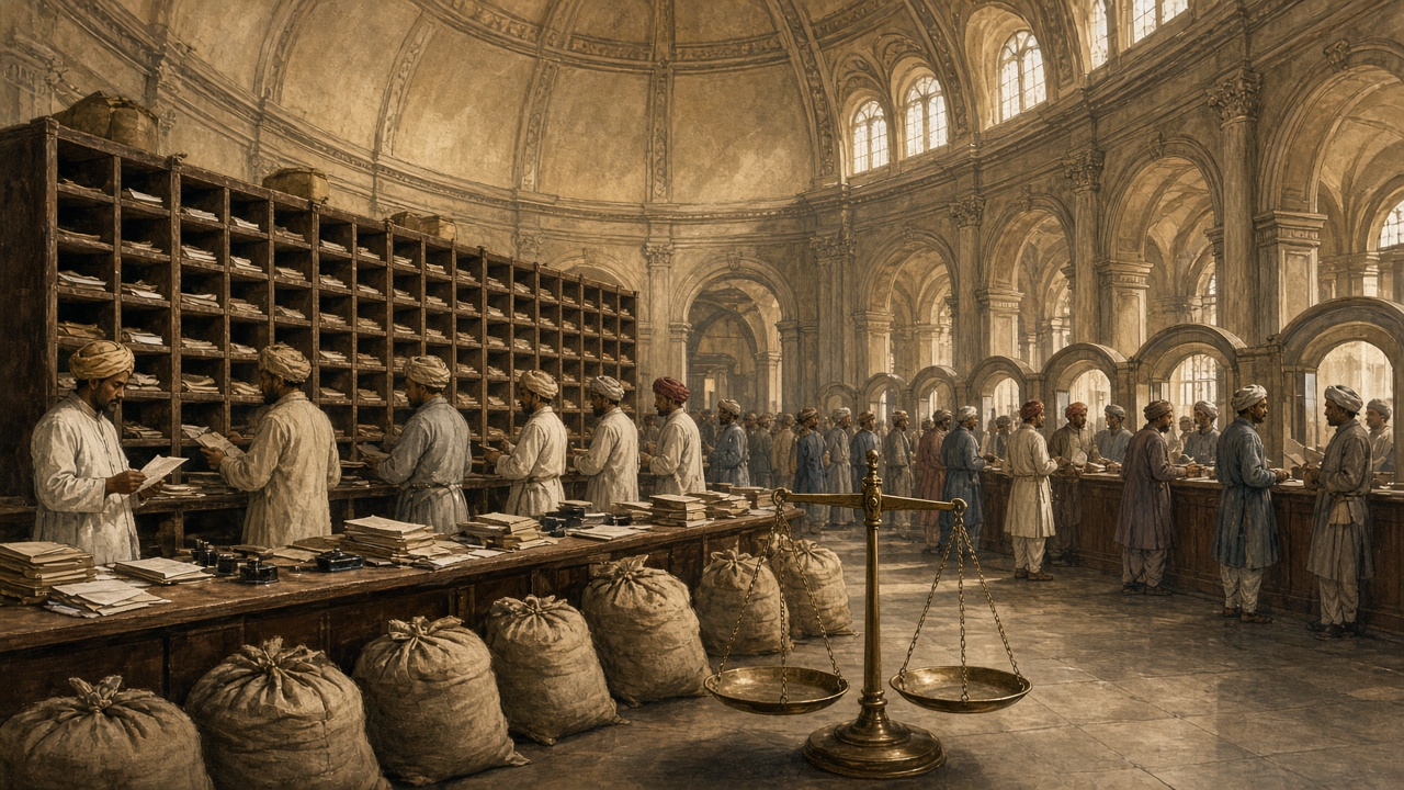 19th-century colonial General Post Office hall with a domed ceiling where Indian clerks sort letters into tall wooden pigeonhole racks beside mail sacks and brass scales