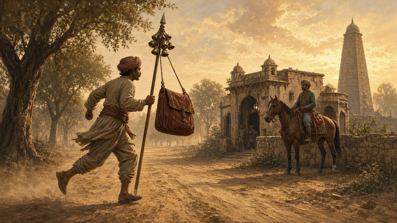 Medieval Indian dak runner carrying a mail bag on a spear with jingling bells along a dusty road, with a relay horseman at a roadside sarai and a stone kos minar