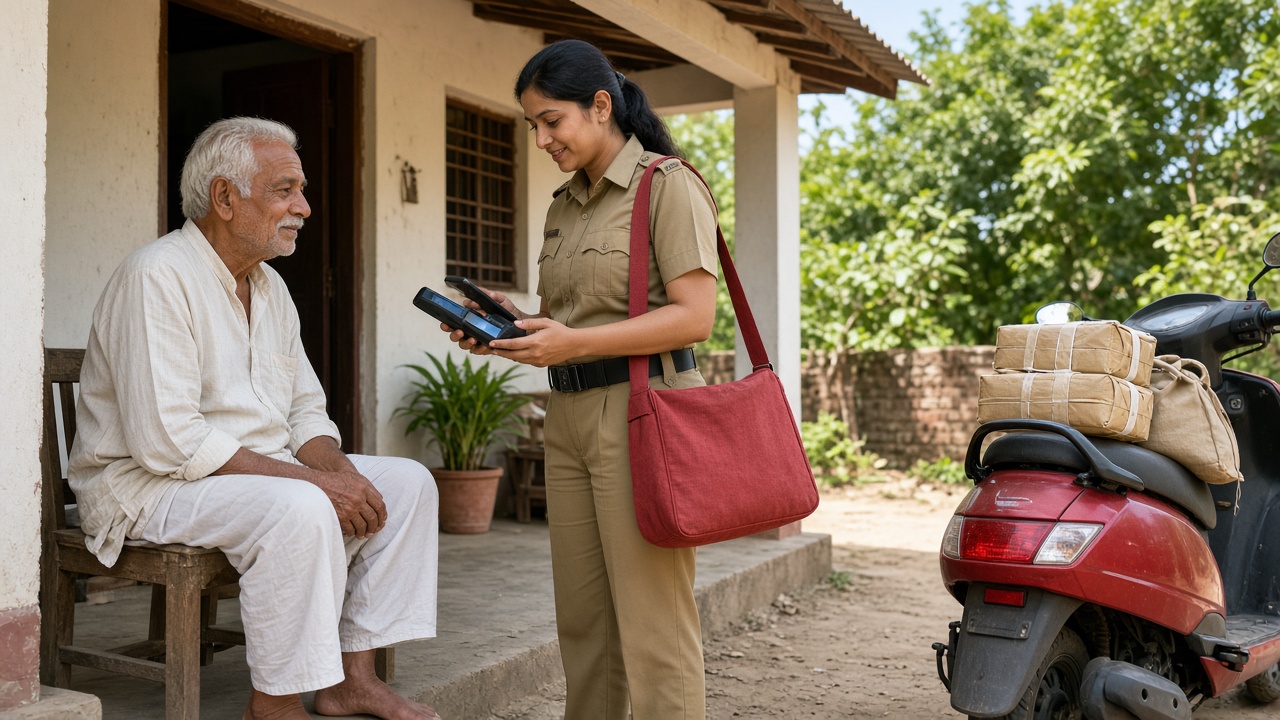 Modern Indian postwoman using a handheld biometric device to provide doorstep banking to an elderly man on a village veranda with a red scooter loaded with parcels nearby