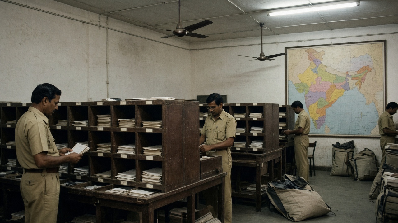 1970s Indian mail sorting office with khaki-uniformed postal workers sorting envelopes into wooden pigeonhole frames beside a large wall map of India and canvas mail bags