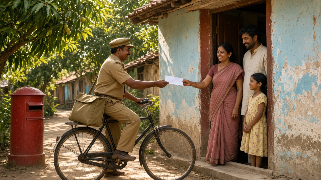Indian village postman in khaki uniform on a bicycle handing a letter to a smiling family at their doorway beside a red post box