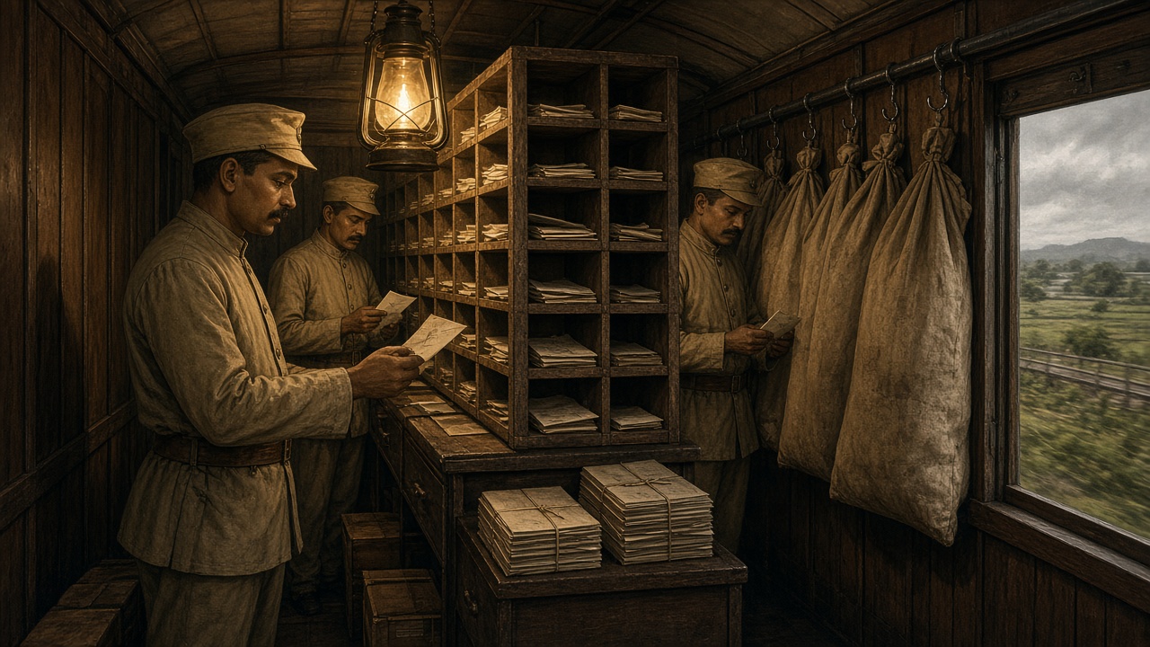 Early 1900s railway mail van where uniformed postal sorters sort letters by lantern light into wooden pigeonhole racks beside hanging mail bags