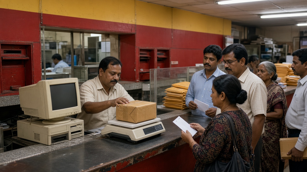 1990s Indian post office counter where a clerk weighs a parcel on an electronic scale beside an early computer while customers queue with envelopes