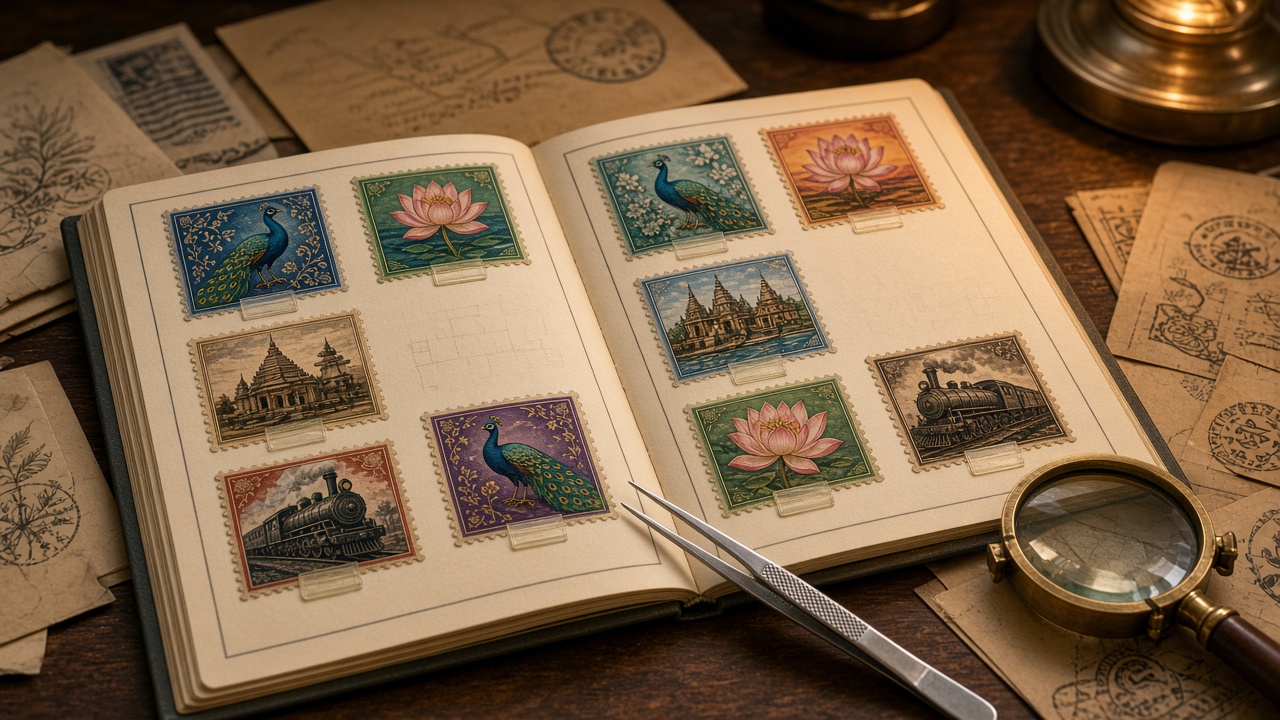 Open stamp album with colourful vintage stamps showing peacocks, lotus flowers, temples, and steam locomotives beside tweezers and a brass magnifying glass