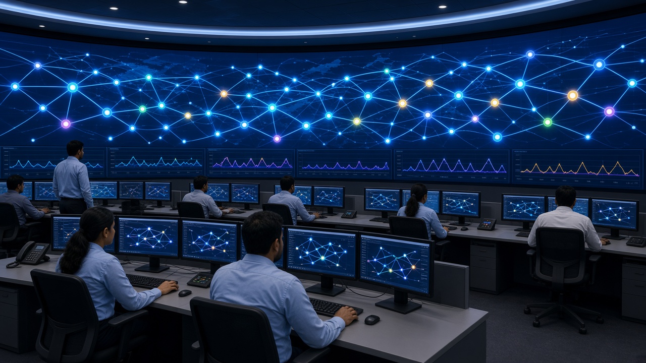Modern Indian power grid control room with a huge curved video wall showing a glowing network map of transmission lines, and engineers monitoring rows of screens