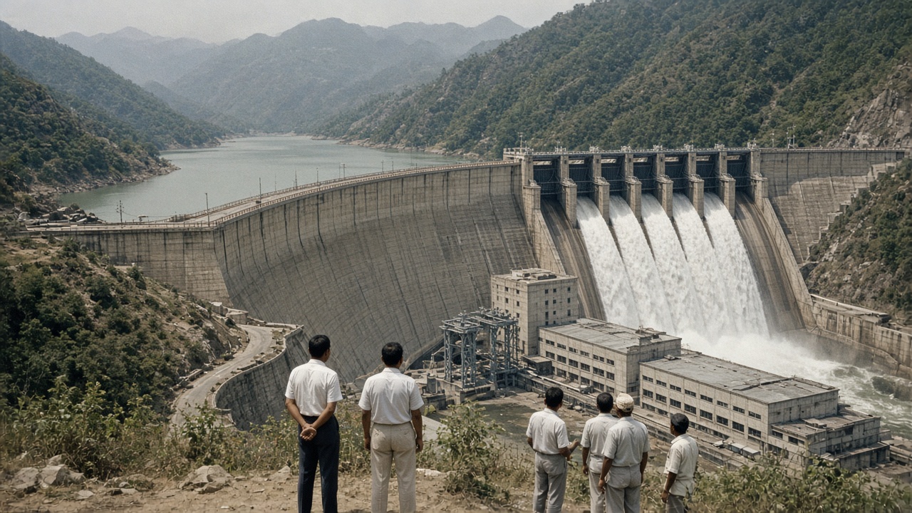 Massive curved concrete dam in a Himalayan foothill valley with water rushing from spillway gates beside a hydroelectric powerhouse, watched by engineers in white shirts