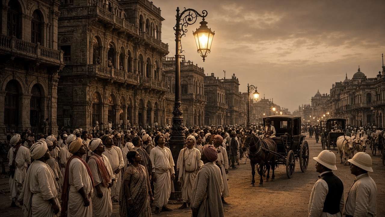 Early 1900s Indian city street at dusk with crowds in period clothing looking up at newly lit ornate electric street lamps beside horse carriages and a bullock cart
