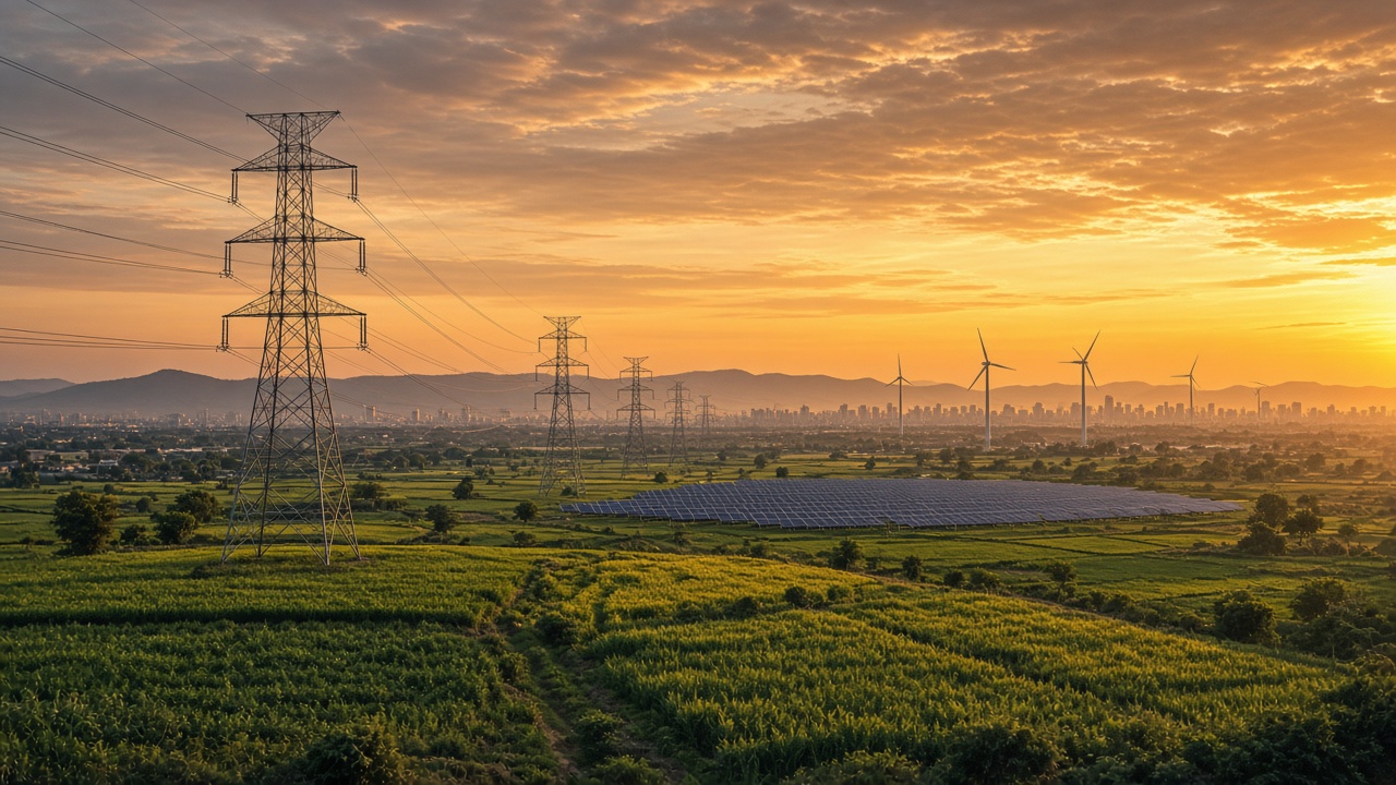 High-voltage transmission towers crossing green Indian farmland at sunset towards a city skyline, with a solar farm and wind turbines in the distance