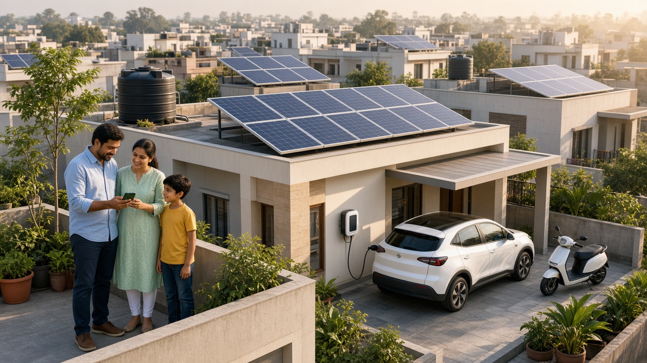 Modern Indian neighbourhood with solar panels on rooftops, a family checking energy use on a smartphone, a smart meter on the wall, and an electric car and scooter charging