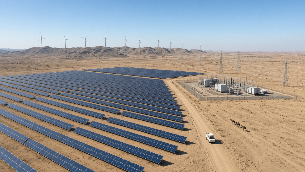 Aerial view of a vast solar park in the Rajasthan desert with endless rows of solar panels, a substation, transmission lines, wind turbines on a ridge, and camels on a sandy track