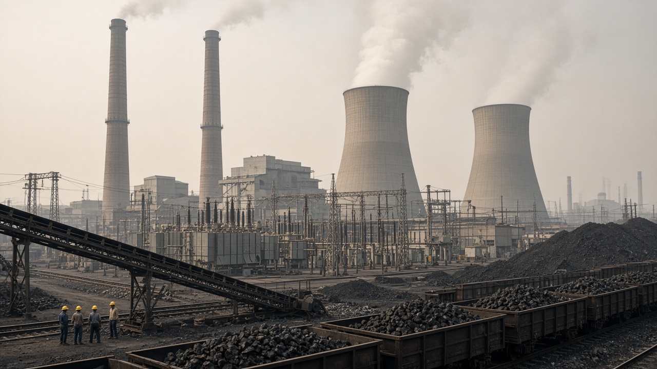 Large coal-fired thermal power station in India with tall chimneys, hyperbolic cooling towers releasing steam, a coal conveyor, loaded rail wagons, and a switchyard