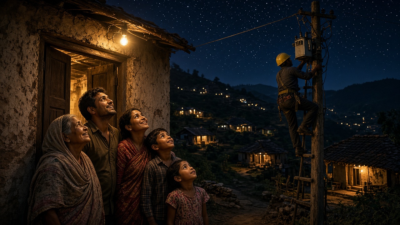 Family in a remote hill village at night looking up joyfully at a newly lit electric bulb while a lineman in a helmet works on a new electric pole nearby