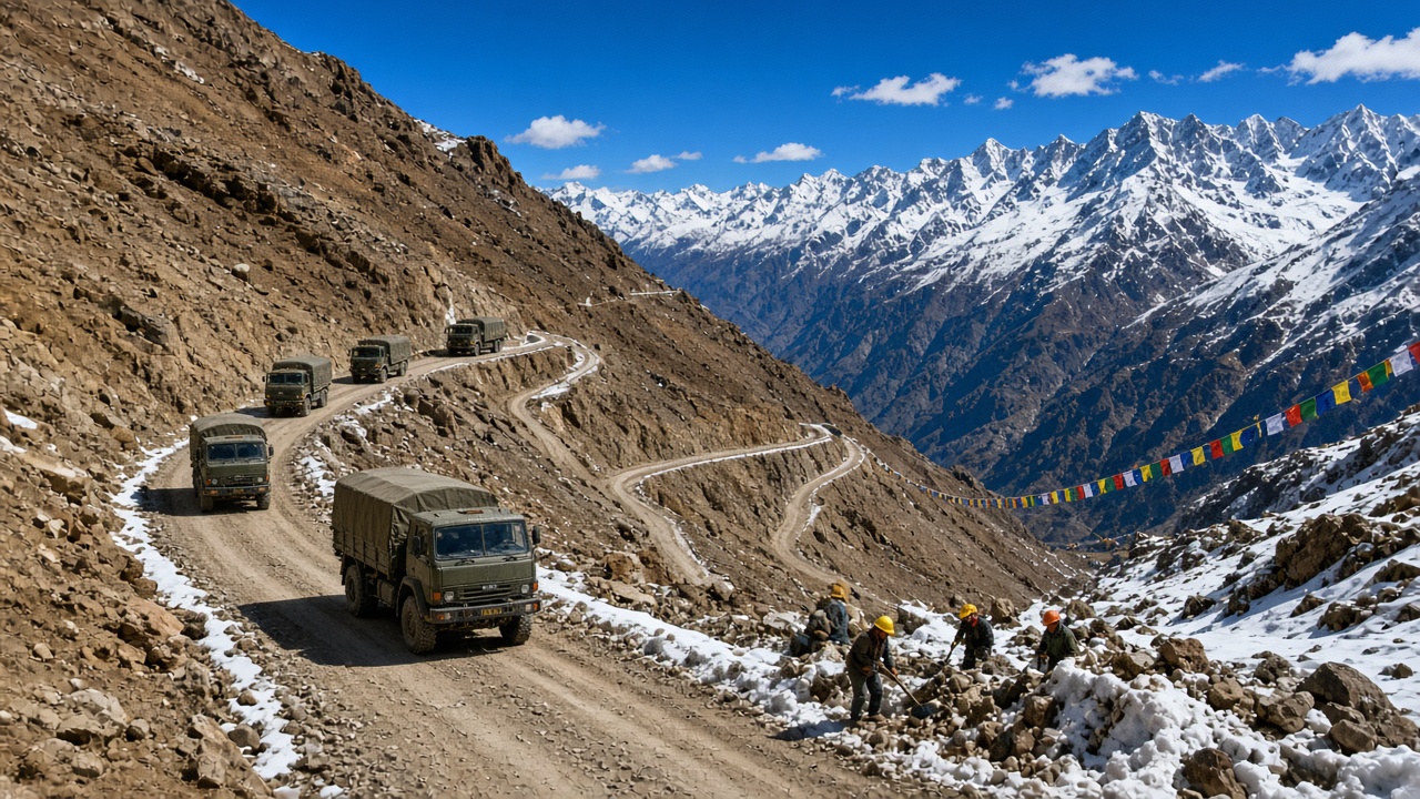 High-altitude Himalayan road with hairpin bends, a convoy of army trucks, and road workers in helmets clearing snow and rocks beneath snow-capped peaks and prayer flags