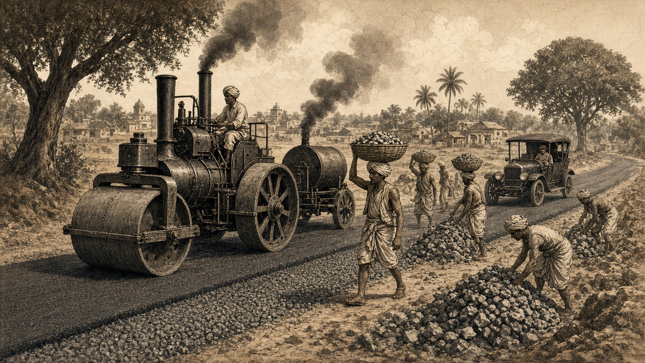 1920s colonial road construction with a steam road roller compacting a new road, labourers carrying baskets of crushed stone, a tar boiler, and an early motor car