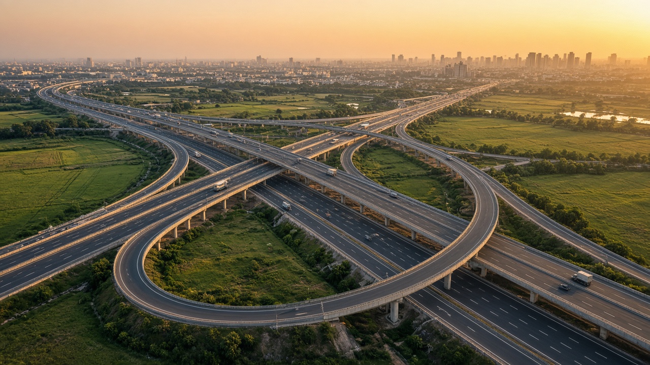 Aerial view at golden hour of a large Indian expressway interchange with flyover loops, six-lane roads, trucks, and cars beside green fields and a city skyline