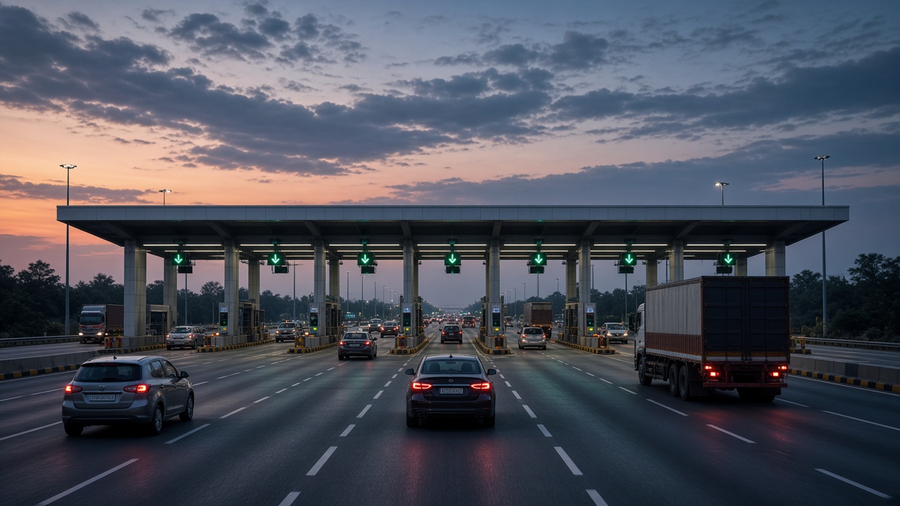 Modern Indian highway toll plaza at dusk with cars and trucks passing through electronic toll lanes under overhead readers and green lane lights