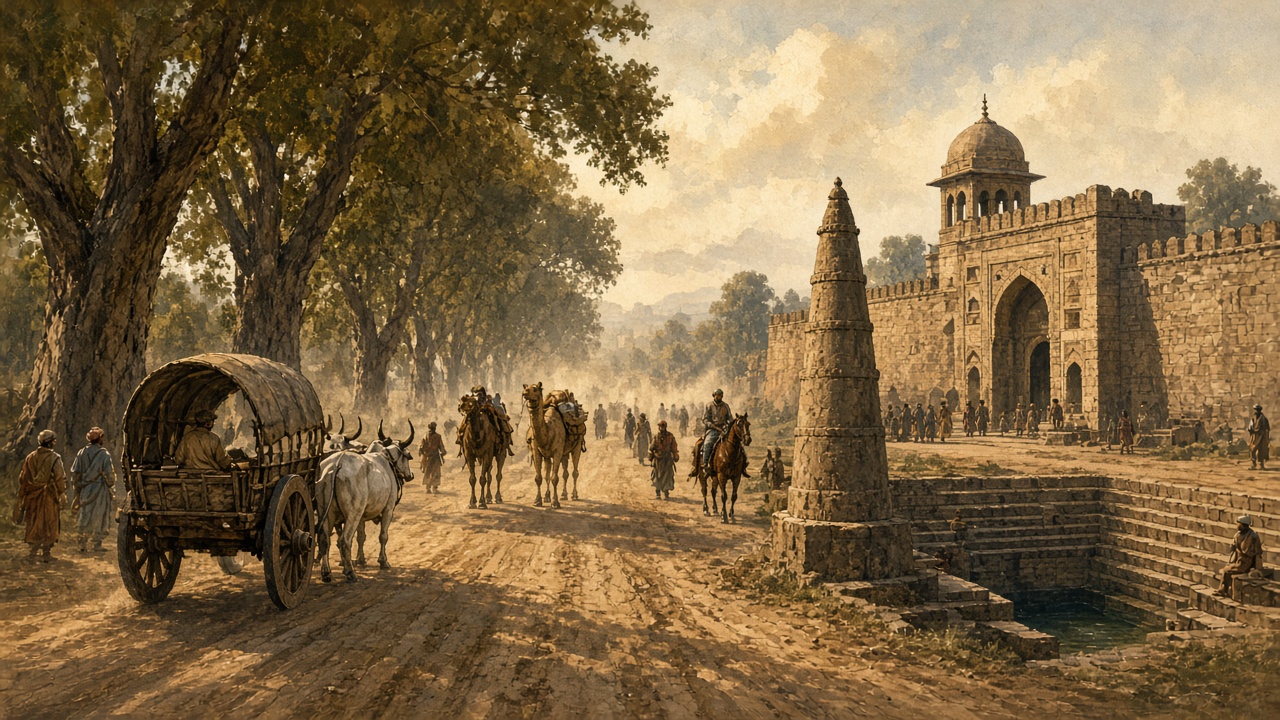 Mughal-era Grand Trunk Road lined with tall trees with bullock carts, camels, and horse riders beside a stone sarai gateway, a stepwell, and a tall kos minar milestone