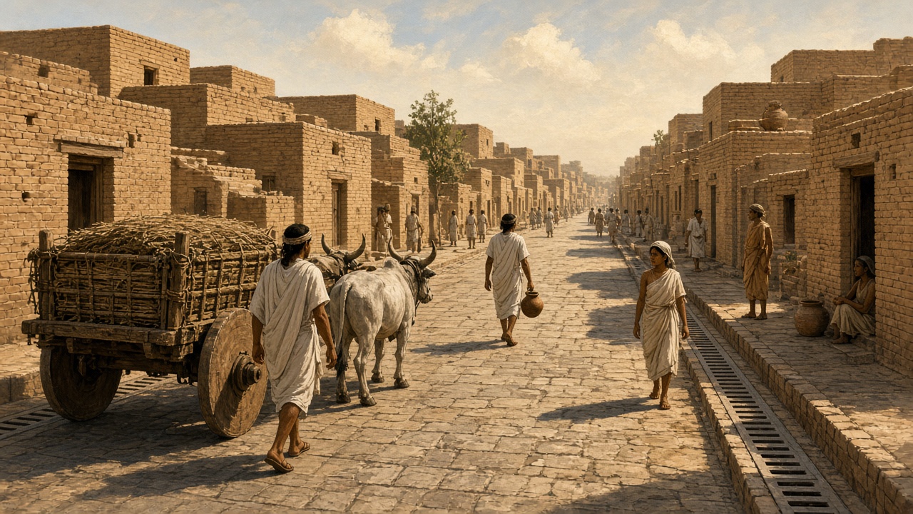 Reconstruction of a straight brick-paved street in ancient Mohenjo-daro with covered drains, flat-roofed brick houses, people in cotton garments, and a bullock cart with solid wheels