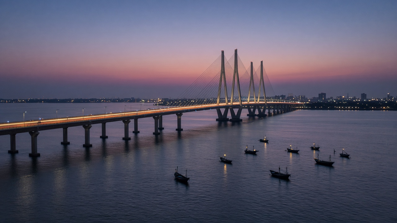 Long modern sea bridge with a cable-stayed section and tall pylons stretching across calm water at twilight with traffic light trails and fishing boats below