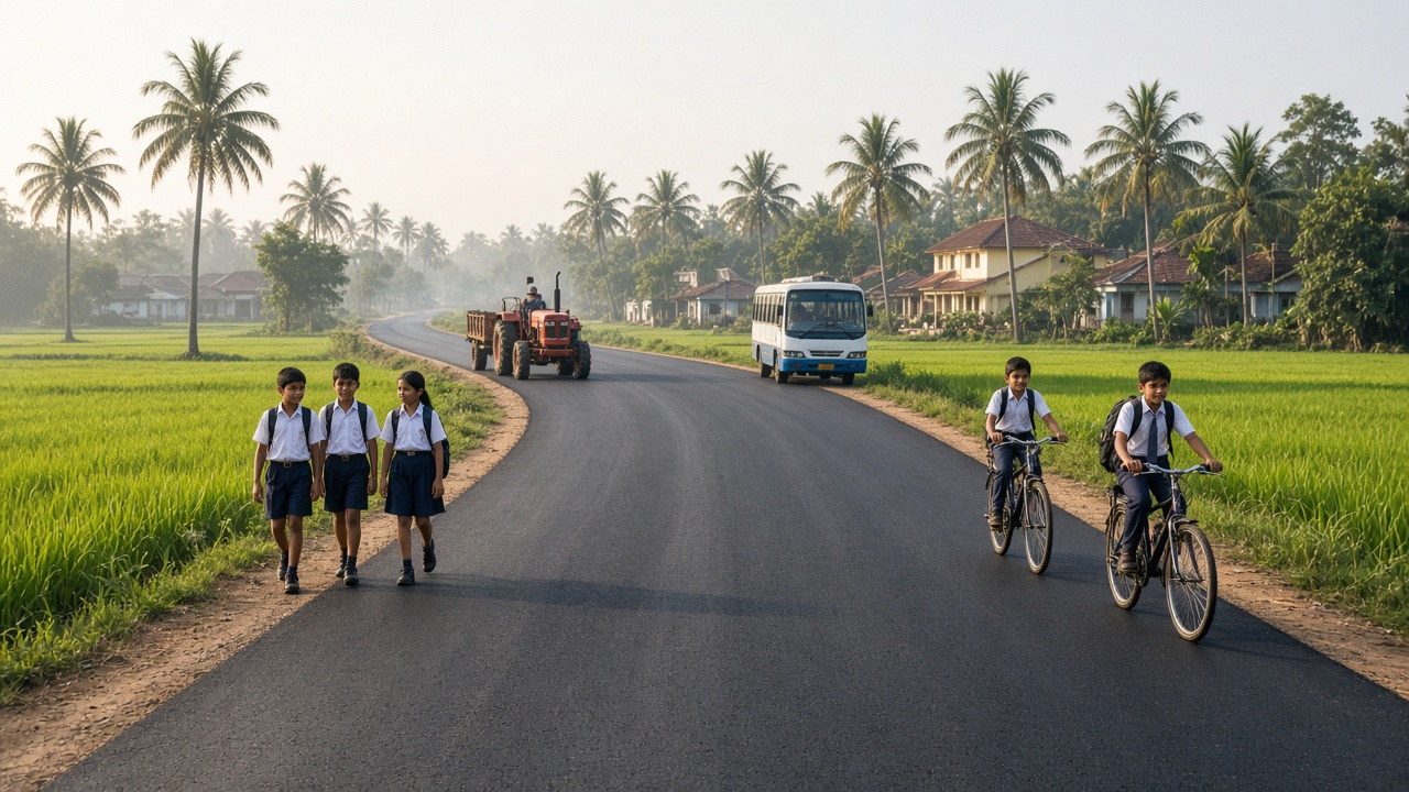 Newly paved rural road through green paddy fields to a village with schoolchildren walking and cycling, and a tractor and small bus approaching