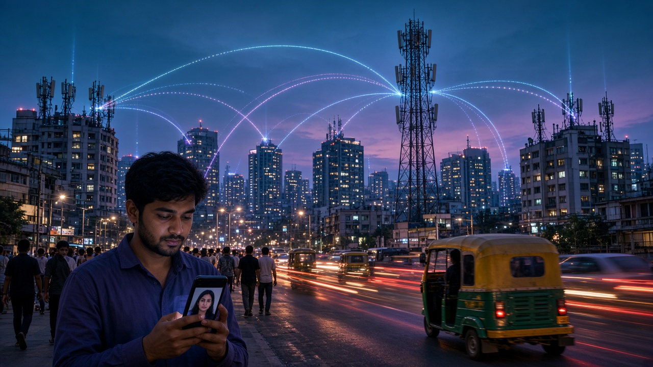 Indian city skyline at dusk with rooftop mobile towers and glowing wireless signal arcs, and a young man making a video call on a smartphone on a busy street with auto-rickshaws