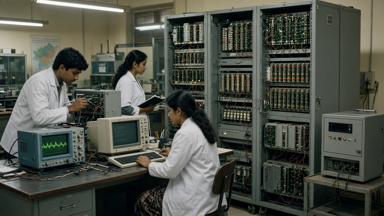 Late-1980s Indian telecom lab with young engineers in white coats testing tall cabinets of a digital telephone exchange full of circuit boards, with an oscilloscope and a computer terminal