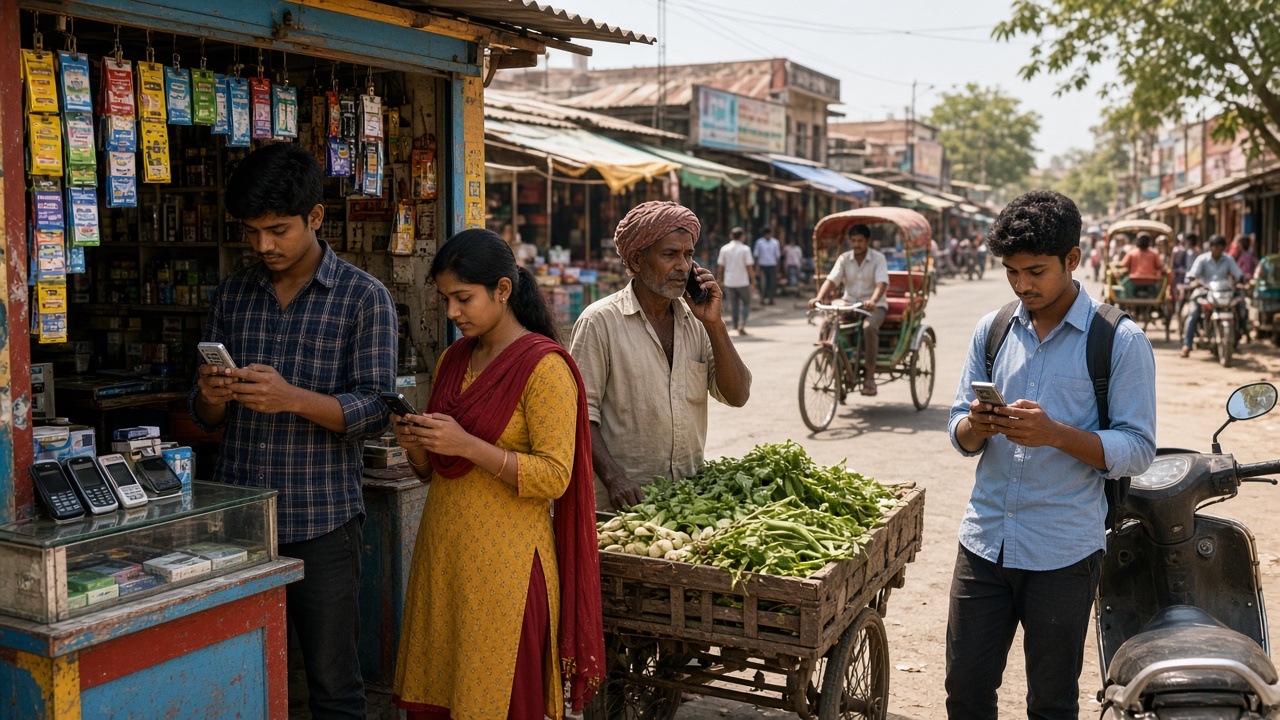 Mid-2000s Indian small-town street with a mobile recharge shop displaying prepaid cards and keypad phones, young people texting, and a vegetable seller taking a call