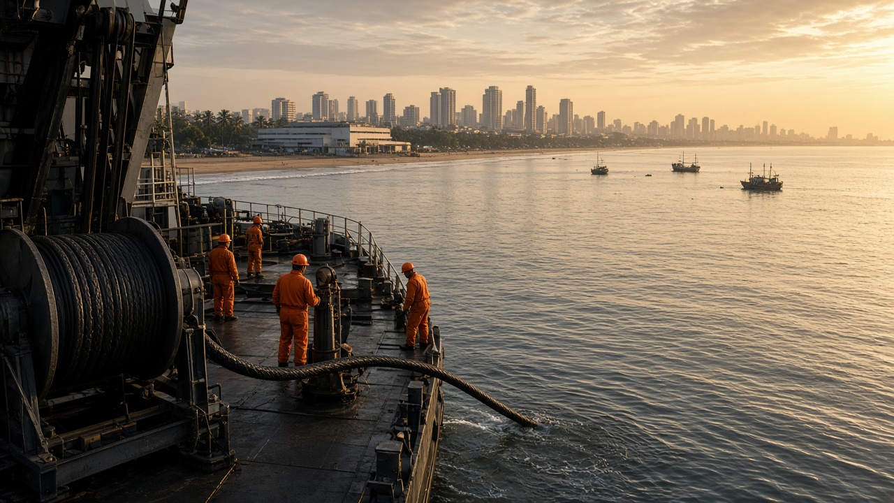 Cable-laying ship off the Mumbai coast at golden hour feeding a thick undersea fibre optic cable into the sea while crew in orange overalls work on deck, with the city skyline behind