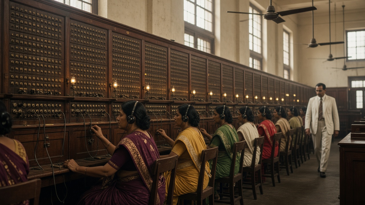 1930s Indian manual telephone exchange with a long row of women operators in saris wearing headsets and plugging patch cords into tall wooden switchboards while a supervisor walks behind