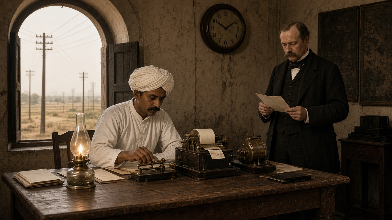 1860s Indian telegraph office with a clerk in a turban tapping a brass Morse key beside a paper tape register while a British superintendent reads a telegram, with telegraph poles visible through an arched window