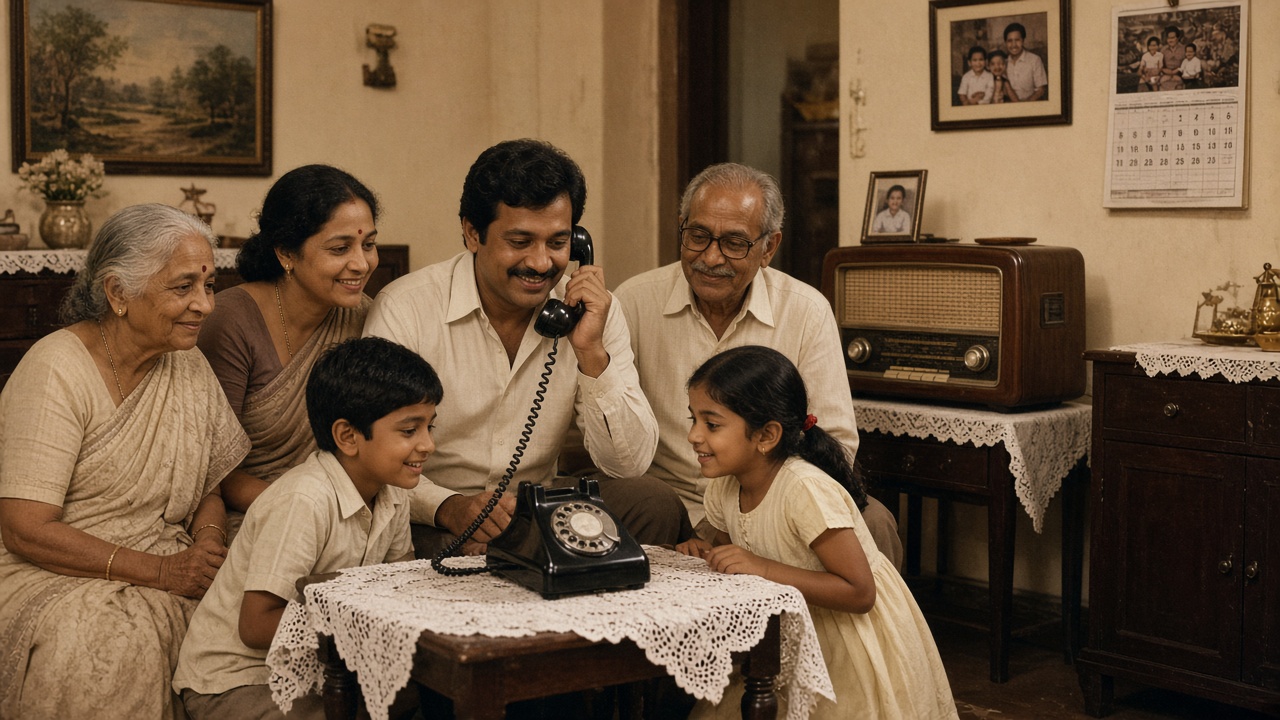 1970s Indian family gathered excitedly around a black rotary-dial telephone on a lace-covered table as the father takes a long-distance trunk call