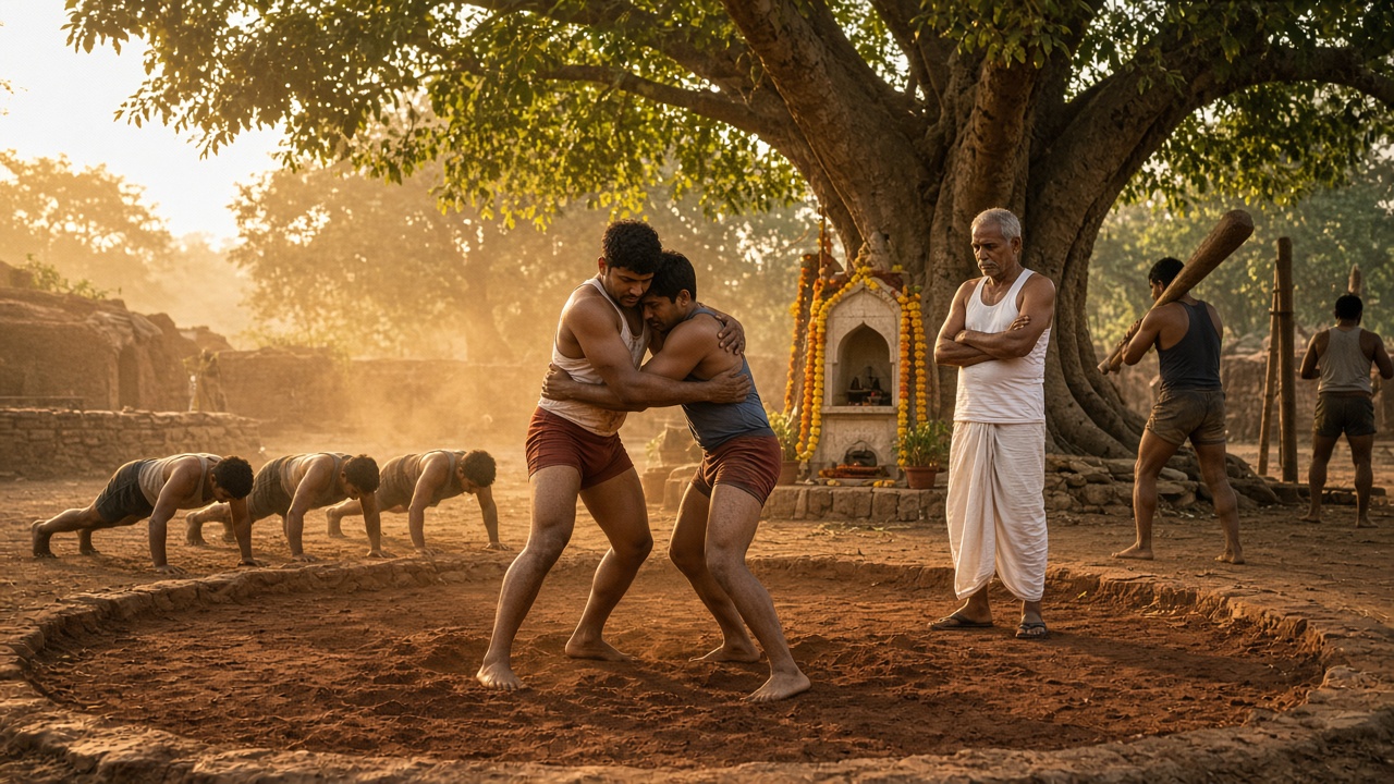 Traditional wrestling akhara at dawn where two young wrestlers grapple on a reddish clay pit while an elderly coach in a white vest and dhoti watches, trainees do push-ups and swing a heavy wooden club, beside a small shrine with marigold garlands under a large tree