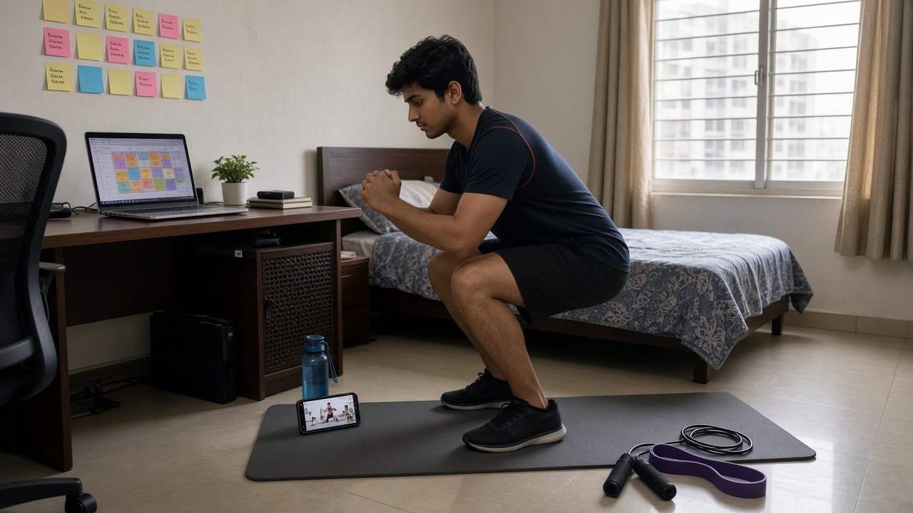 Apartment bedroom where a young man in sportswear does a squat on a yoga mat while following a trainer on a smartphone propped against a water bottle, with a laptop showing a colourful workout chart, a skipping rope and resistance band on the floor, and sticky notes on the wall