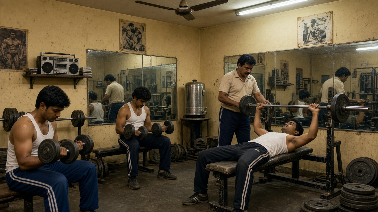 1990s neighbourhood gym where young men in vests and track pants lift dumbbells and a trainer with a moustache spots a man doing a barbell bench press, with iron plates, wall mirrors, a cassette player on a shelf, a steel water cooler, a ceiling fan, and tube lights